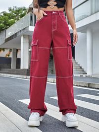 Rose Red    Denim Plain Cargo Pants Boyfriend Fit  Non-Stretch  Women Denim