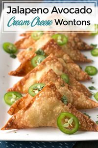 If you love jalapeño poppers, you are going to flip out over these Jalapeño Avocado Cream Cheese Wontons! The creamy and spicy filling wrapped in crispy wonton wrappers makes these poppers a fantastic party appetizer (or afternoon snack...). | cakenknife.com #tailgating #appetizer #partyrecipe #easyappetizer