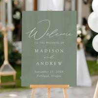 AD: Elegant wedding welcome acrylic sign featuring "Welcome" in a modern white calligraphy script with a sage green acrylic background. Personalize the sage green wedding sign by adding your names, wedding date, and wedding location. The vertical welcome sign is designed to coordinate with our Modern Elegance wedding collection and is available in other colors/style options.