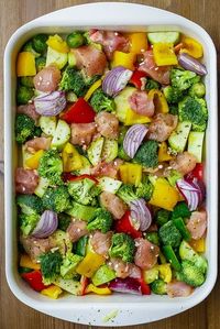 One pan roasted garlic chicken and veggies. Can substitute shrimp with a little timing adjustment. Paleo grubs