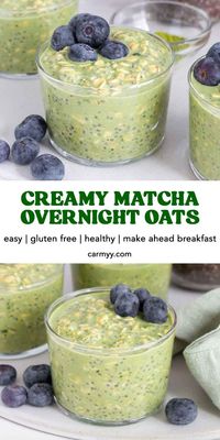 This matcha overnight oats recipe is a healthy and satisfying way to start your day! Rich, creamy, and sweet, this is a breakfast packed with nutrients, fiber, and wholesome ingredients thanks to the rolled oats, chia seeds, yogurt, milk, and matcha!