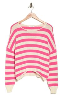 Layer on this crewneck pullover sweater knit with colorful stripes in a slouchy, cropped silhouette. 22 1/2" length Crewneck Long sleeves 65% cotton, 35% polyester Hand wash, dry flat Imported