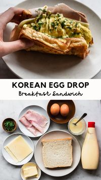 Make Korean Egg Drop Sandwich -- a delicious breakfast sandwich made with fluffy scrambled eggs, smoky ham, and melted cheddar cheese layered with thick, buttered toast. A drizzle of sweetened condensed milk and Kewpie mayo makes it extra special! An easy Korean recipe that's incredibly delicious and filling.