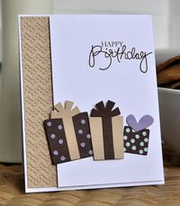 Brown, tan and white make great colors for a handmade birthday card for the men in your life. Embossed chevrons add some texture to the border, and the purple heart "bow" adds a pop of color. The square presents and bows can be die cuts or create your own.