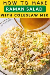 This Asian cabbage crunch salad with ramen noodles recipe from The Travel Palate makes a great main dish for lunch, dinner, or your next pot luck. It's made with coleslaw mix and a sweet dressing and comes together in just minutes. You'll love the flavors and texture of this Asian-inspired salad!