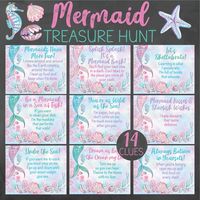 "️ Do you have a Mermaid lover or are you planning a Mermaid themed party? This Mermaid themed treasure hunt is sure to be a hit! Send your Mermaid lovers searching 🔍 all around the 🏠 with these clever clues. Hide a gift with each clue or just at the very end. Includes 14 typed clues & instructions. ️Instant Digital Download Mermaid Treasure Hunt Clue Printables Including: ️14 Mermaid Themed Treasure Hunt Clues ️Instructions ️Clues are Size 3\"x3.75\" ️Print 6 clues per 8.5\"x11\" page ️High resolution pdf file ️Watermark removed on purchased files ️DOWNLOAD PROCESS Download your files using one of the following three methods: 1. Allow a few minutes for your payment to be processed & then you can select \"Download Files\" 2. Find the order & select the \"Download Files\" link on your rec