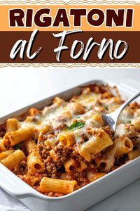 This rigatoni al forno with meat sauce is about to be your new favorite pasta bake! It's hearty, cheesy, and oh-so-satisfying! 