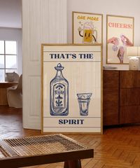 "🍹 Raise your spirits with our 'That's the Spirit Tequila' Poster! 🌟 This captivating navy blue print exudes a retro and fancy vibe with its chic design. Featuring a simply drawn tequila bottle, a hand-drawn shot glass with a lime, and the words 'THAT'S THE SPIRIT,' it's the perfect addition to your bar cart, apartment, or any space in need of a touch of sophistication. 🏡🎉 Savor the moment and let the good times flow! Order now and toast to style with this timeless piece of art.  WHAT YOU WILL RECEIVE Please note that this is a DIGITAL DOWNLOAD listing. No physical product will be mailed to you. You will receive a document with a link to your downloads. Then you will receive a folder with 5 high-quality digital files for each art printable. 1. A 4:5 Ratio 2. A 3:4 Ratio 3. A 2:3 Ratio