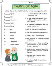 The Story of St. Patrick:  Reading/ 3 Vocabulary Exercises/ Sequence Strip Story/ Making Information Questions/ Scrambled Words