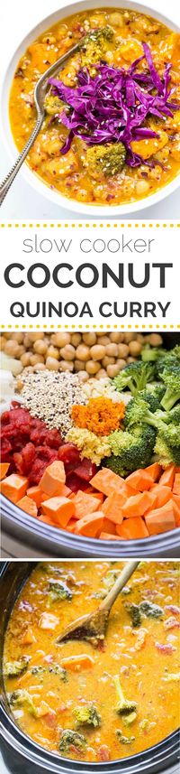 COCONUT QUINOA CURRY -- made in the slow cooker with only a few simple ingredients. Only fresh, wholesome ingredients, it's naturally gluten-free AND vegetarian too!