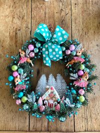 Festive Christmas/holiday wreath, I made this, with bottle brush trees, with four vintage style reindeers, turquoise ribbon, whimsy, a cute gingerbread houses, ornaments,