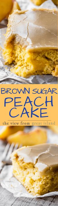 Brown Sugar Peach Cake ~ I can't think of another cake that deserves to be crowned 'cake of the summer' more than this luscious little snack cake. I mean, perfect yellow cake loaded with fresh peaches, and topped with a brown sugar caramel icing? It's a no-brainer. #cake #recipe #peaches #sheetcake #dessert #easy #cakemix #caramel #cannedpeaches