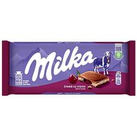 Milka creamy chocolate, with 100% Alpine milk, alongside a cherry creme. Heat sensitive item