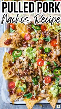 This easy pulled pork nachos recipe is made with crispy tortilla chips under juicy pulled pork, melted cheese, BBQ sauce, and all your favorite toppings! It's a crowd-pleaser!