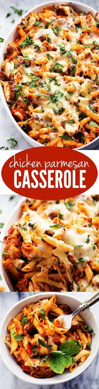 All of the goodness of chicken parmesan packed into a delicious cheesy casserole! Crispy chicken, marinara sauce, penne pasta, and cheese come together in this easy to make dish!