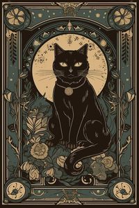 Premium AI Image | A poster for a black cat with a floral background.