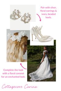 This wedding style look is all about florals, feminine touches, and romance! Complement the feminine lace detailing of the gown with soft waves and a floral coronet. Choose silver and ivory floral earrings and ivory beaded heels to complete this ethereal look! Check out our Lookbooks for more wedding day styling ideas!