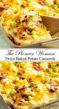 This easy Twice Baked Potato Casserole from The Pioneer Woman is a perfect side dish, easy to make ahead, and freezer friendly! #potatoes #casserole #comfortfood #sidedish #thepioneerwoman #makeahead #freezerfriendly #twicebaked #bacon #cheese #casserolerecipes