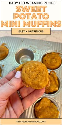 These adorable sweet potato mini muffins are delicious and approved by both the toddler and adults in our house! Perfectly sweet and easy to make, they are a great baby led weaning recipe for ages 6 months and up!