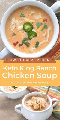 This cheesy keto chicken soup is so thick and creamy. All the best flavors from King Ranch Chicken in a hearty slow cooker soup recipe.