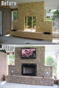 Faux rock fireplace panels completely transform this screened in porch.