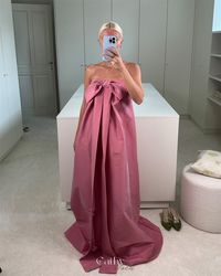 Cathy Pink Silk Satin Prom Dresses Strapless Bow Front vestidos para boda Elegant Sleeveless