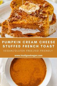 Calling all pumpkin lovers! You must try this Pumpkin Cream Cheese Stuffed French Toast. This Pumpkin French Toast is thick, fluffy, and bursting with pumpkin flavor. Stuffed with a creamy cream cheese, drizzled with maple syrup, and topped with crunchy pecans. This tasty Pumpkin French Toast will be your new go-to breakfast or brunch this fall. #pumpkin #fallrecipes #frenchtoast is #pumpkinrecipe #veganbreakfast #vegetarianrecipe #glutenfreerecipe