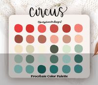 Circus procreate color palette. 30 handpicked swatches that coordinate for a cohesive aesthetic. Digital download of 1 color palette containing 30 handpicked color swatches for Procreate.  After purchase you'll download the file from SAFARI not Etsy app. Once files are downloaded and you open the file the palette will automatically import into procreate. You will find this palette ready to go in your procreate palette library to pull colors from at your convenience.  WHATS INCLUDED  1 .swatch fi