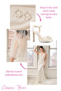 Our sheath fit Yuri Gown with a court train is the perfect wedding gown for a classic bride! Choose refined accessories like pearl hoop earrings and sohpisticated ivory heels. Opt for a traditional veil, and choose pearl accents to complement your jewelry! Check out our other styling boards, or visit our website Lookbooks for more wedding style inspiration!