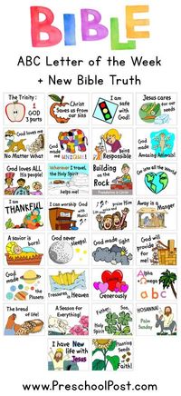 Letter of the Week Bible Lessons! One Letter each week with a NEW Bible truth for children to learn. Includes all printables, worksheets, lessons, games, activities and planning sheets. Perfect for Homeschool or Sunday School.