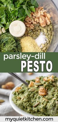 Parsley-Dill Pesto comes together in minutes and is so delicious it just might replace basil pesto in some of your favorite recipes! Vegan and gluten-free with an oil-free option, you'll want to slather this healthy pesto on crackers and veggies, spread it on flatbreads and sandwiches, and use it as a sauce for pasta.