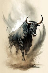 Bull Japanese Art Sumi-e Ink Style Classic Traditional Painting