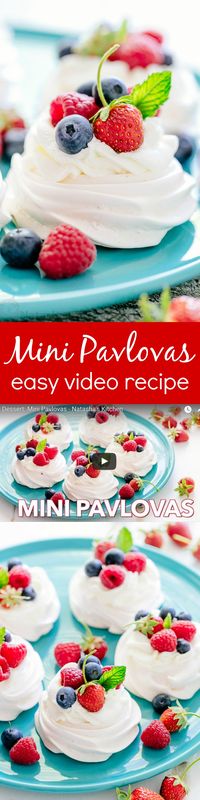 Pavlova is a showstopping meringue dessert and is easier than you think! Mini pavlovas have crisp shells and marshmallow centers. They melt-in-your-mouth! | natashaskitchen.com