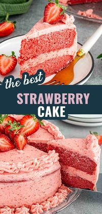 This Homemade Strawberry Cake is bursting with fresh strawberry flavor and topped with a creamy strawberry buttercream. Perfect for any occasion! 🍓🎂 #StrawberryCake #BakingRecipe #DessertIdeas #FreshStrawberries #HomemadeCake