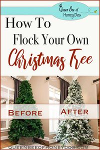 How To Flock a Pre-lit Christmas Tree. Have you ever wondered how to get a snow white Christmas Tree from home? Queen Bee of Honey Dos has the answer! #DIY #Christmas #queenbeeofhoneydos