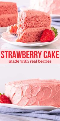 This homemade strawberry cake has layers of tender, bright pink cake and creamy strawberry frosting. Both the cake batter and the buttercream are infused with strawberry puree - making this cake absolutely beautiful and bursting with fresh strawberry flavor. #strawberry #cake #layercake #strawberryfrosting #pink #strabwerrybuttercream #cake #spring #recipe #babyshower #bridalshower from Just So Tasty