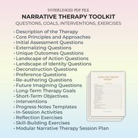 This PDF is a comprehensive guide to Narrative Therapy, presenting an in-depth look at its principles, techniques, and application. It begins with an introduction to the therapy and its core concepts, followed by detailed sections on therapeutic questions, long-term goals, and short-term objectives. The guide includes various interventions, progress note templates, and a collection of exercises for in-session activities, reflection, and skill building. A unique feature is the Modular Narrative T