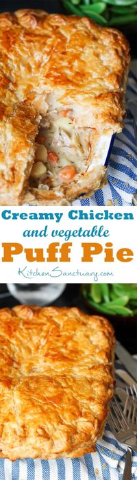 Creamy Chicken pot pie with puff pastry and vegetables - comfort food bliss! #ComfortFood #Pie #chickenpie #potpie #chickenpotpie #puffpastry #puffpastrypie