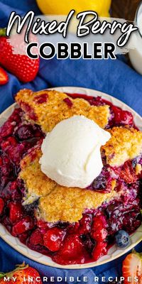 Mixed berry cobbler is the best summer dessert ever! This simple cobbler is filled with blueberries, strawberries, and raspberries. Mixed berry cobbler is the perfect dessert for summer, especially if you top it off with a big scoop of ice cream. This summer dessert is so easy to make and great for picnics, potlucks, and more. Try this tasty mixed berry cobbler today!