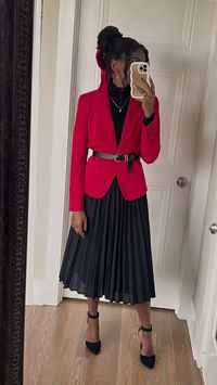 Christmas, holiday outfit, red, black, blazer, turtleneck, suit, belt, pleated, midi skirt, church outfit, winter, modest, classy, work, outfit ideas