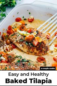 This baked tilapia recipe is bursting with flavor! Pair the fish with lemon, tomatoes and feta for a impressive yet easy dinner. #bakedtilapia #tilapia #tilapiarecipe #bakedfish #healthydinner #healthyrecipe #easyrecipe #easydinner #fish