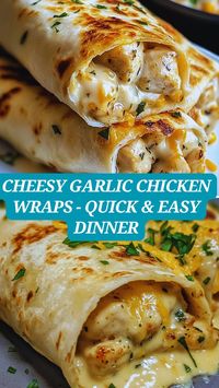 "Looking for a quick and delicious dinner idea? These Cheesy Garlic Chicken Wraps are your new go-to! Tender garlic-seasoned chicken, melted cheddar cheese, and fresh herbs all wrapped up in a warm tortilla—crispy on the outside, gooey on the inside. Perfect for busy weeknights, easy lunches, or a satisfying snack, these wraps are ready in just minutes! Customize with your favorite veggies or add a little spice for extra kick. Pin now to save this recipe for a cozy,