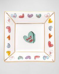 This precious tray is ideal on a vanity or desk; or as an accent piece anywhere.    Features whimsical love heart candies with a golden trim     Handcrafted of goldplated bone china     Approx. 4.8"Sq. x 1.4"T     Item Weight (Lbs.): 0.6    Wipe clean    Imported