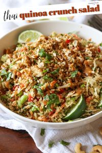 Thai Quinoa Crunch Salad is a flavor packed POWER SALAD recipe loaded with protein packed quinoa, crunchy veggies, cashews, and coated in spicy peanut dressing! It's all topped with CRISPY QUINOA for an added texture and crunch!