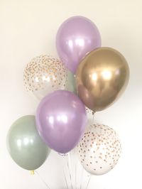 "Sage Green and lavender balloons! These stunning, one-of-kind balloons are the perfect way to make a pop at your next event!  This (8-count) Sage Green Balloon Bouquet includes: 2 Sage Green Double Layered Latex 11\" Balloons-this look is achieved by \"layering\" two balloons, one inside the other, to create this special shade of greensee below for special instructions) 2 Lavender Latex 11\" Balloons 2 Chrome Gold Latex 11\" Balloons  2 Clear with Gold Confetti Dots Latex 11\" Balloons  *For more fun designs, click here: https://www.etsy.com/shop/ConfettiPaperParty?ref=seller-platform-mcnav **Inflate day of event for best results (will not last overnight). String not included. Balloons will already come layered, to use just inflate as normal and tie off ends. Only the inside balloon tail