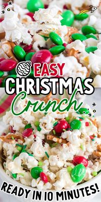 Popcorn, M&M candy, pretzels and sprinkles are mixed together in this irresistible Christmas crunch sweet and salty snack.