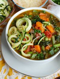 Spring Vegetable Minestrone is a vegan, healthy soup packed with vegetables, diced tomatoes, pesto and fresh herbs.