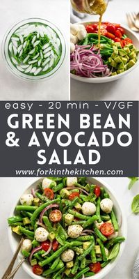 This Easy Avocado and Green Bean Salad is a simple side dish that's full of flavor and texture! It's loaded with fresh garden green beans, creamy avocado, red onion, juicy tomato, and mini mozzarella balls, then tossed together in a bright Italian-inspired dressing. Make this easy recipe for your next BBQ or for a quick and light weeknight vegetarian dinner!