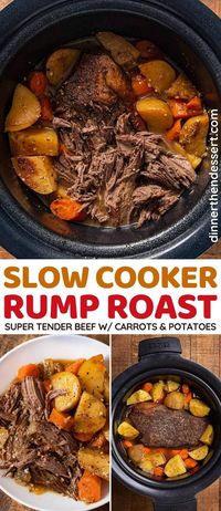 Slow Cooker Rump Roast makes wonderfully tender meat in a rich gravy with veggies (also includes instant pot and oven recipes.) #dinner #slowcooker #crockpot #beef #rumproast #carrots #potatoes #dinnerthendessert