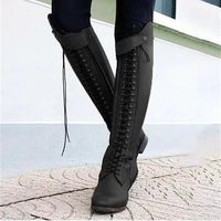 Category:Boots; Upper Materials:Faux Leather; Embellishment:Lace-up; Season:Fall,Winter; Heel Type:Flat Heel; Gender:Women's; Size Suggestion:standard size, select your usual size; Toe Shape:Round Toe; Type:Knee High Boots; Style:Vintage,Casual,Minimalism; Heel Height(inch):<1; Outsole Materials:Rubber; Occasion:Daily,Outdoor; Closure Type:Lace-up,Zipper; Pattern:Solid Color; Listing Date:10/04/2023; Production mode:Self-produce; 2024 Trends:Motorcycle Boots,Riding Boots,Plus Size,Lace Up Boots